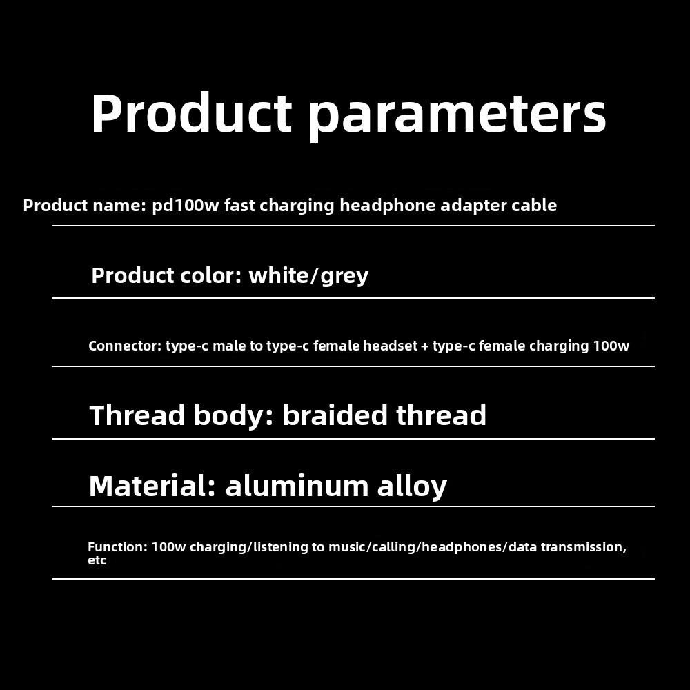 PD 100W Type C Splitter Audio Cable 2 in 1 Design 2 in 1 USB Type C Audio Cable  Headphone Use