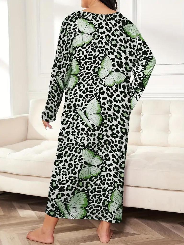 2025 European Plus Size Long Sleeve Butterfly Heart Leopard Print Nightgown