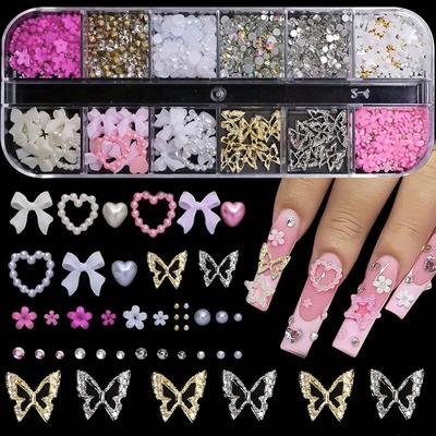 12 Scomparti Charms 3D per Unghie Fiocchi per Unghie, Charms a Cuore, E Fiori 3D per Unghie Decorazione Unghie Y2K Forniture per Manicure Unghie Donna