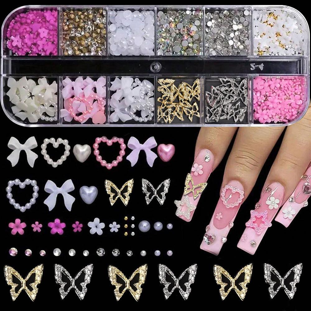 12 Grids 3D Nail Charms Nail Bow, Heart Charms, And 3D Flower Nails Y2K Nail Decoration Women Nail Manicure Supplies