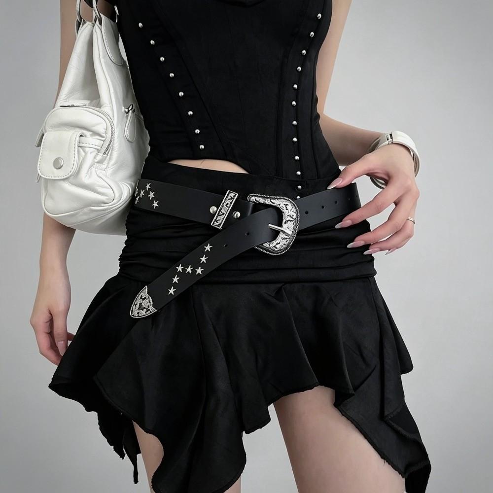 Solid Color Western Studded Belt Gothic Star Waistband Trouser Belt Y2K Punk Belt Unisex