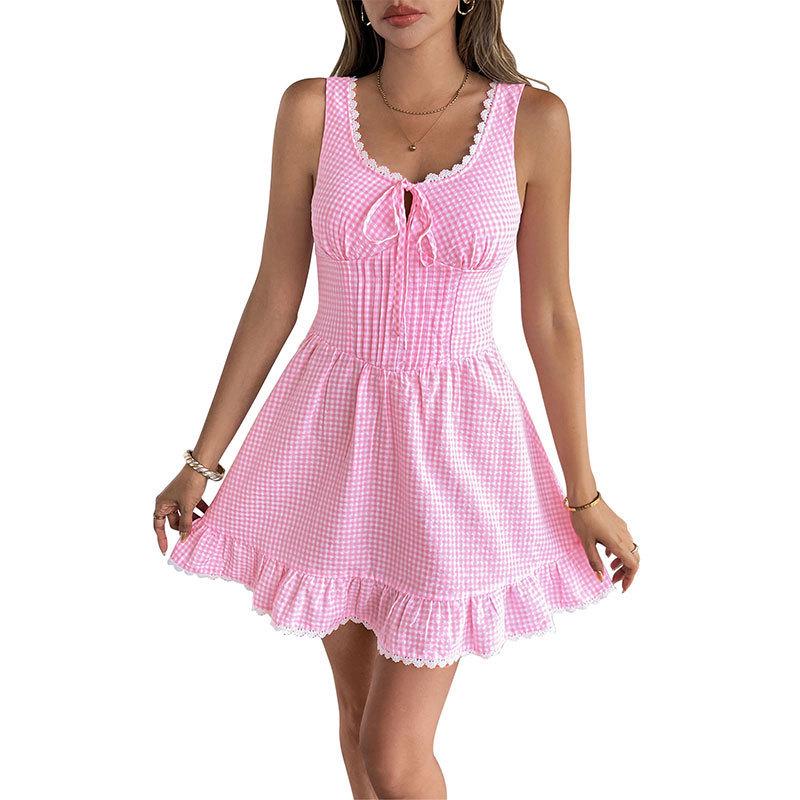 2026 Summer Pink Plaid Skirt with Lace Tie-up Sleeveless Dress