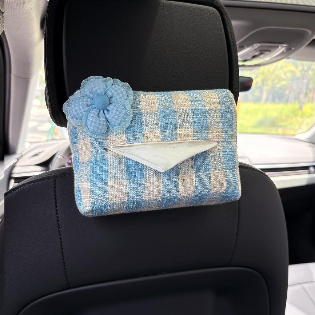 Cartoon Bear & Bunny Plaid Tissue Box for Car Seat Back, Armrest, or Sun Visor