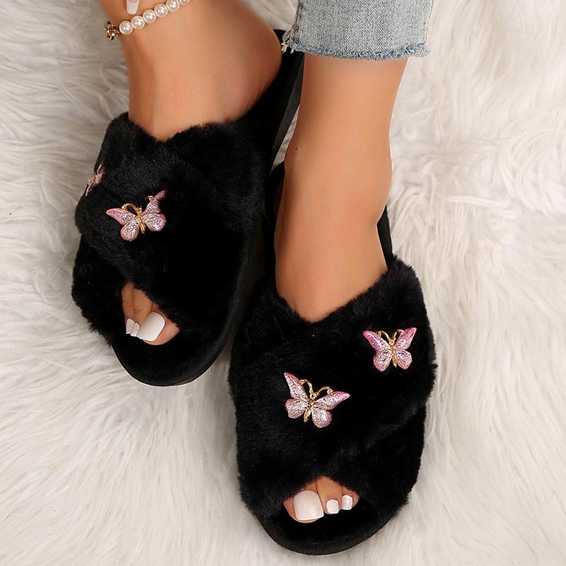 

Модные черные хлопковые шлепанцы с перекрестными ремешками для женщин, зимняя мода, с декором в виде бабочки, меховые шлепанцы, женские легкие домашние плюшевые тапочки 42-43 розовый