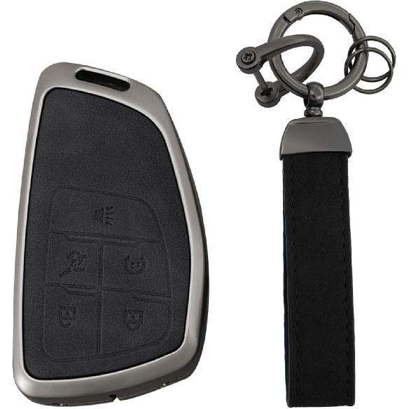 

Car Key Fob Cover Case Fit for Chevy Silverado 1500 GMC Sierra 1500 2024 2025 Silverado Sierra 2500HD 3500HD Buick Zinc Alloy and PU Leather Key 5 Button B Black