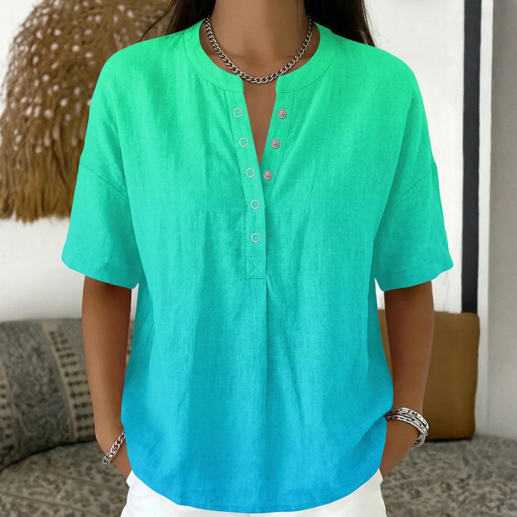 Women Short Sleeve Pullover Blouse V Neck Button Front Casual Loose Fit Lightweight Summer Top