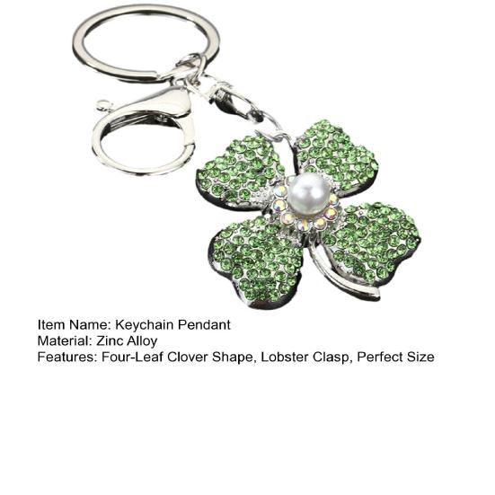 Keychain Pendant Shiny Rhinestones Imitation Pearls Inlaid Four-Leaf Clover Design Zinc Alloy Key Chain with Lobster Clasp Lightweight Holder Backpack