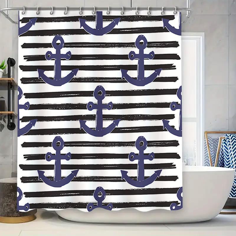 

Nautical Blue White Anchor Shower Curtain With Black Stripes Home Decor Bathroom Accessories Set For Kids Bathrooms Easy Instal W60H190(CM)-1 Pcs