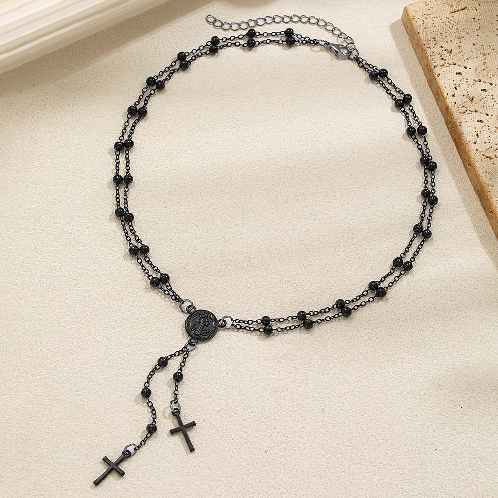 1 Gothic dark style Jesus avatar cross long pendant with double-layer chain design, versatile women's necklace
