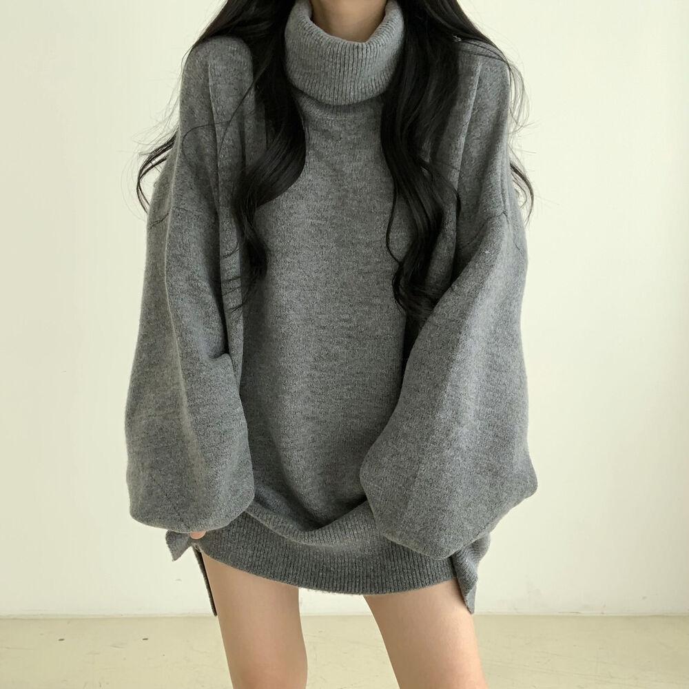 Korejský pletený pulovr s rolákem, pletený svetr pro ženy, nadměrný dlouhý pulovr, dámský volný ležérní teplý svetr