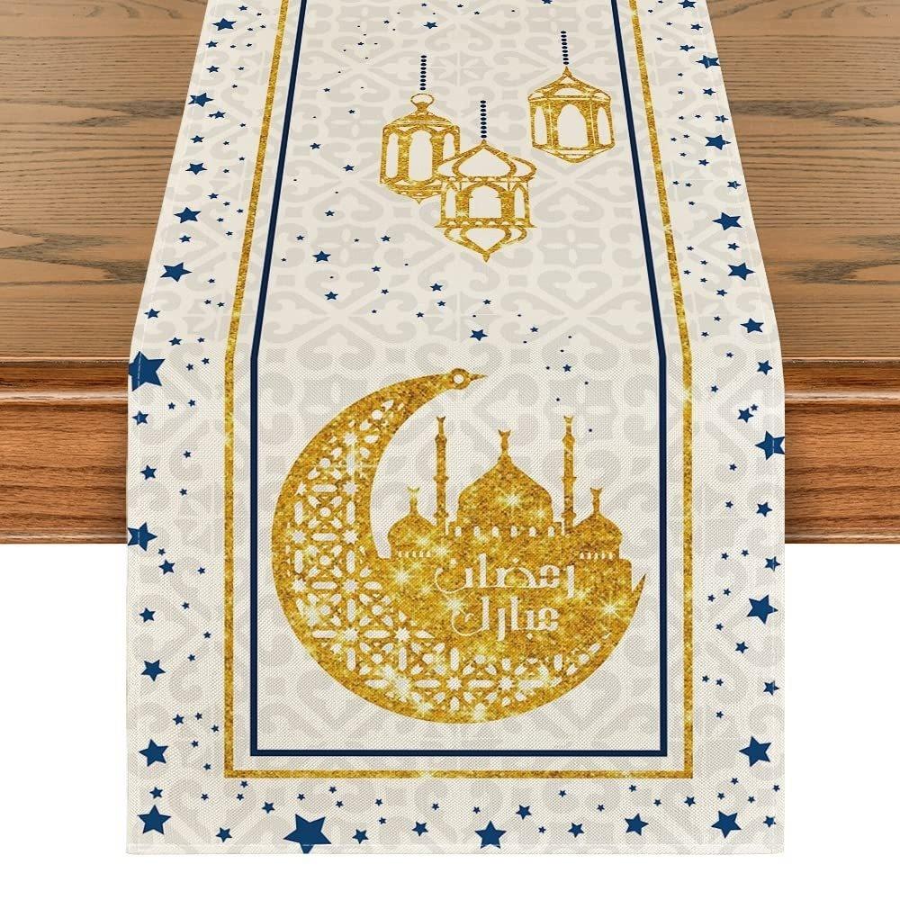 Thickened Ramadan Table Runner Vintage Decorative Dining Table Flag Castle Lantern Pattern Table Cover Islamic Party Decor