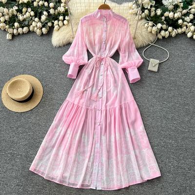 French Vintage Summer Autumn Stand Collar Long Lantern Sleeve Print Long Maxi Dress for Women