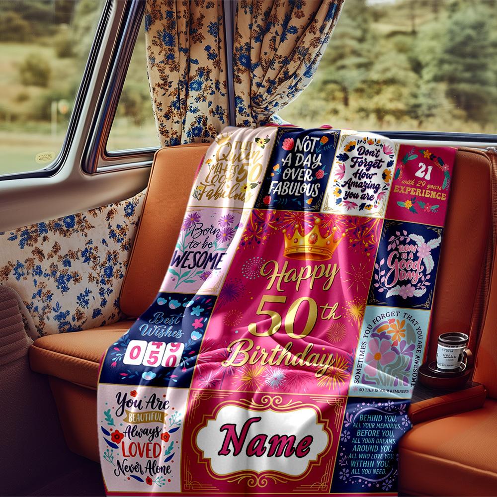 Happy 50Th Birthday Blanket Personalized Name Soft Comfortable Stylish Blanket Car Blanket Perfect For Travel Camping Outdoor Home Suitable For All