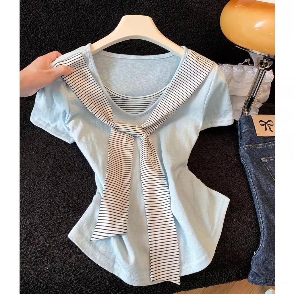 Fake two-piece splicing striped shawl short-sleeved t-shirt women's summer new design waist short top