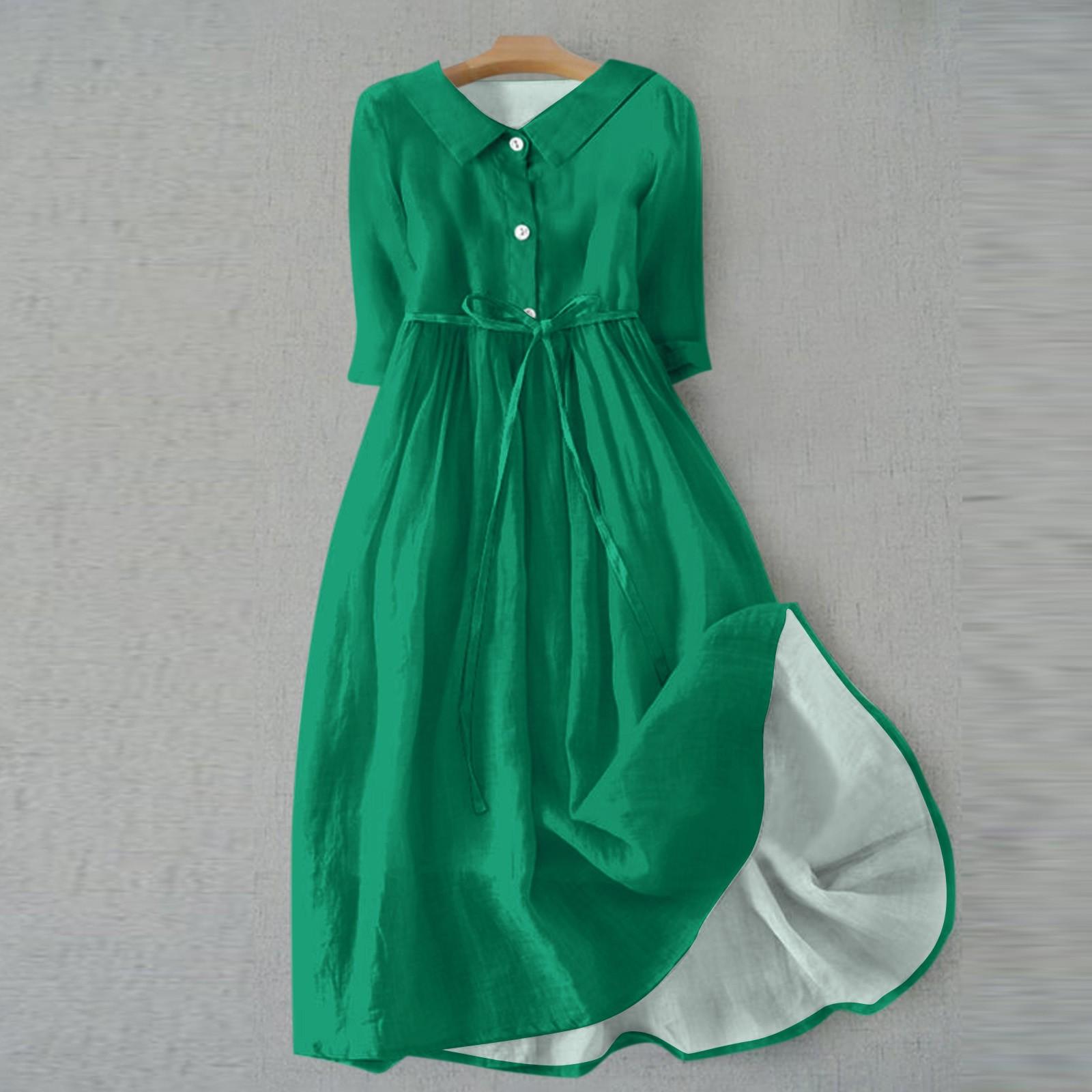 Women s Fashion Casual Color Lapel Collar Button 3/4 Sleeve Clothing Straps Dress L армия зеленый