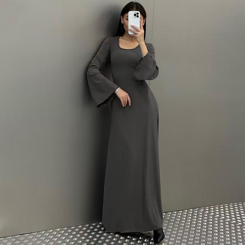 Damen Neues Herbst Lockeres U-Ausschnitt Rücken Schnürkleid Langärmlig