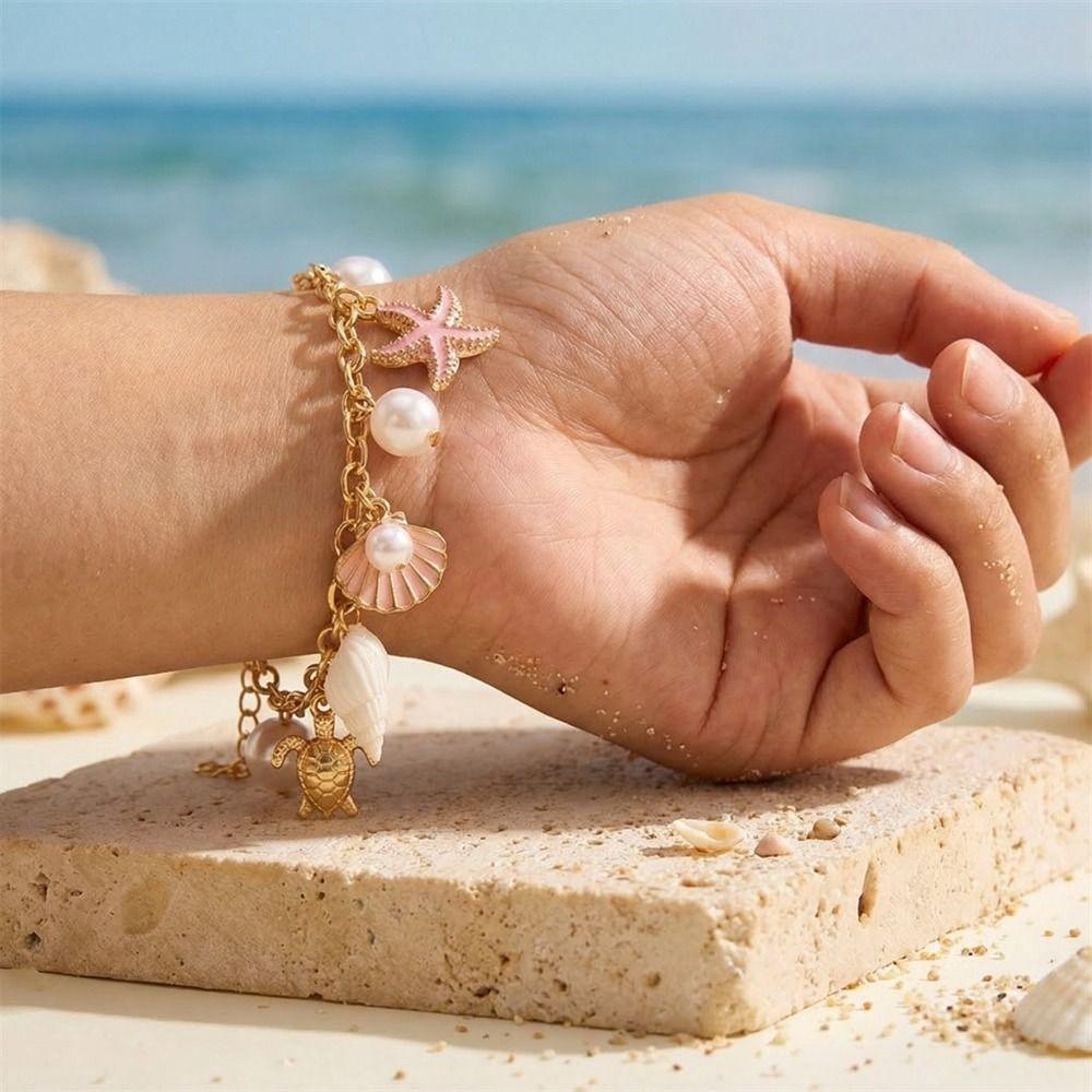Tassel Metal Gold Bracelet Pearl Bohemian Beach Jewelry Retro Shell Starfish Bracelet  Women