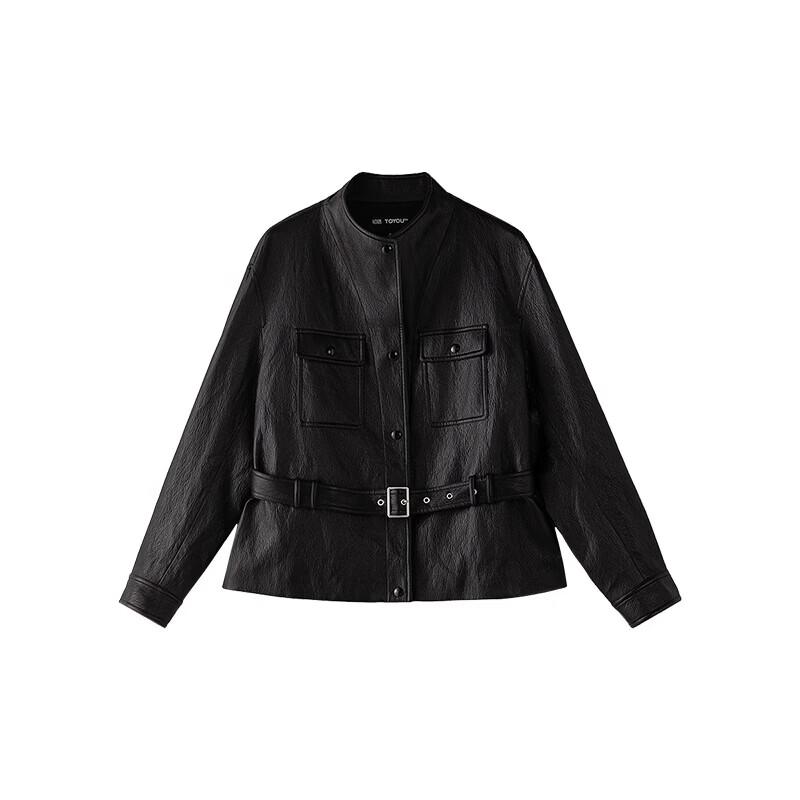 ChuYu Women's Shirt-Style Belted Faux Leather Utility Jacket