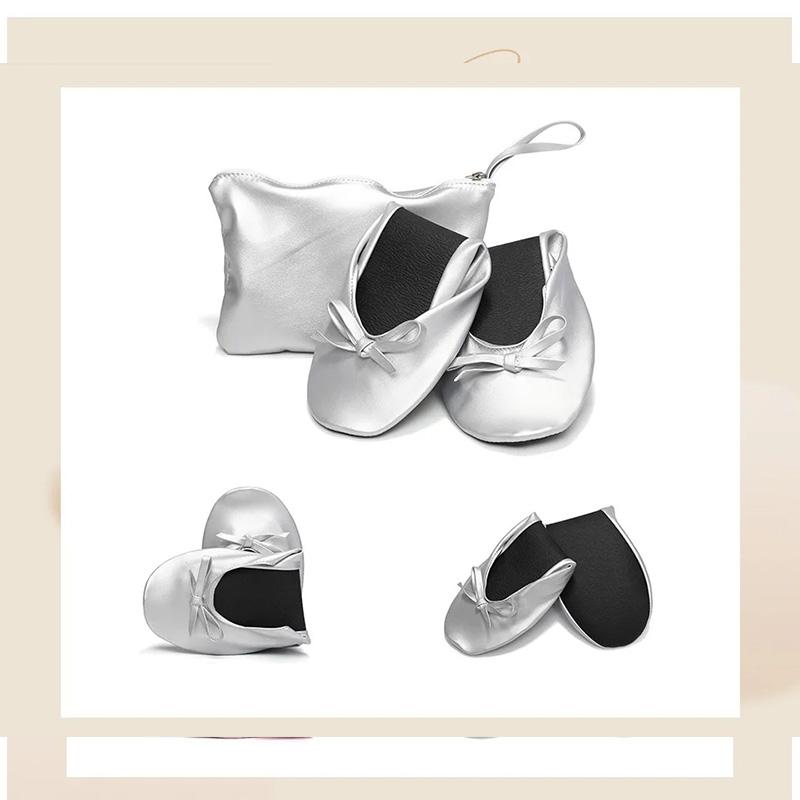 Papuci de dans pliabili și portabili pentru femei, cu talpă moale, tip rulou, alunecare pe pantofi comozi cu geantă pentru călătorii și nunți