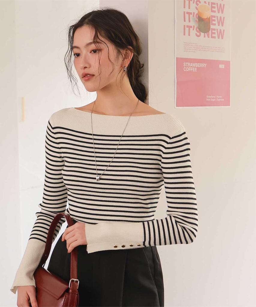 Titibait Boat Neck Knit with Gold Size White Buttons, Women's, S, (AYXP3048)