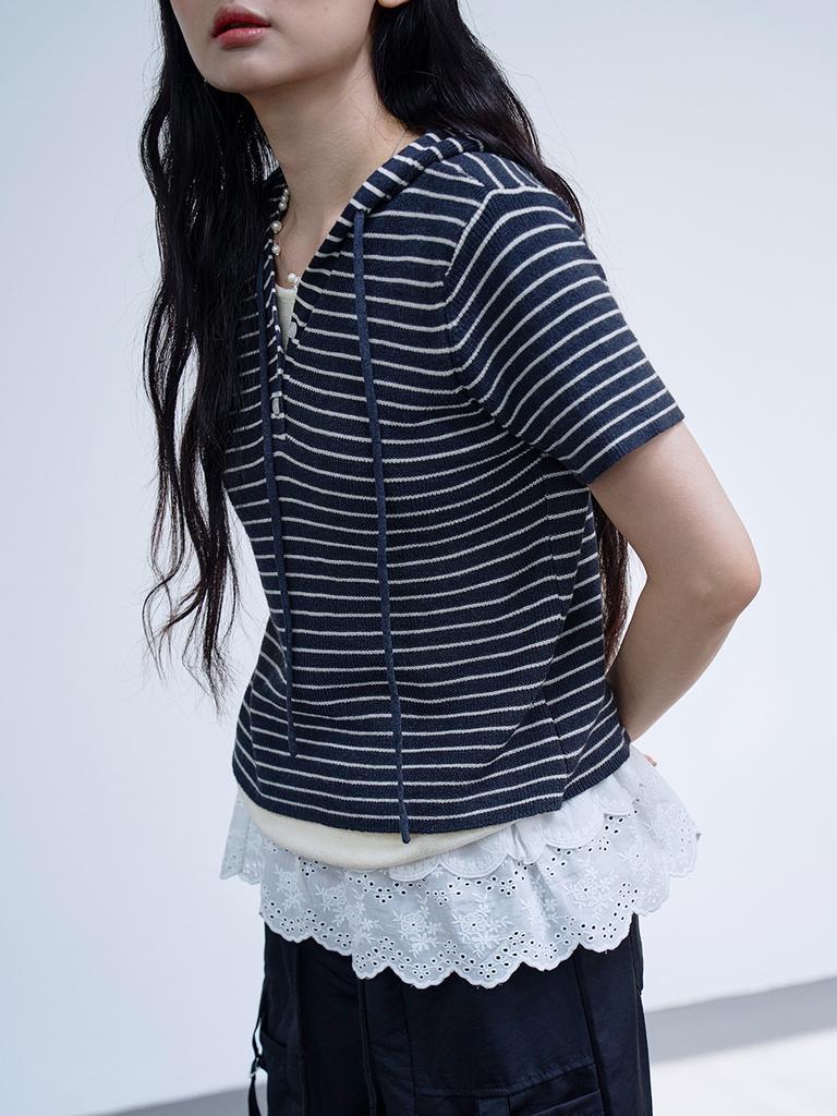 THE GREEN LAB Striped Short Sleeve Hooded Knit [Navy]