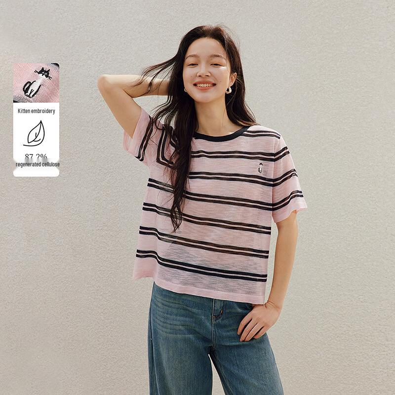 

INMAN Striped Embroidered Crew Neck Lightweight Knit Top L