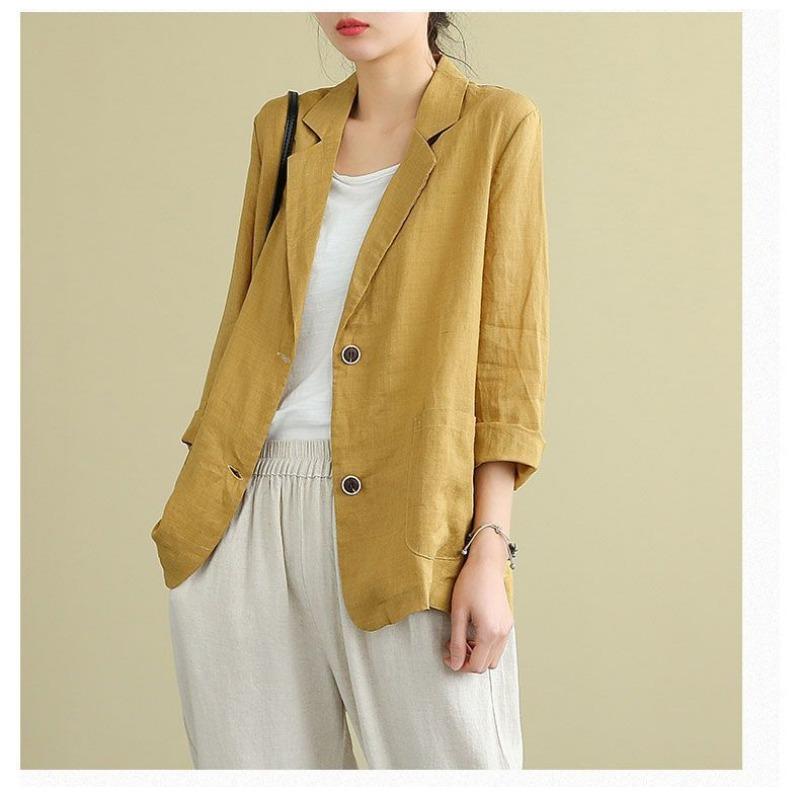 Fashion Casual Cotton and Linen Women Jacket Small Suits 2025 Spring Summer New Loose Long Sleeve Office Blouse Sunscreen Shirt Woman Pockets Clothing
