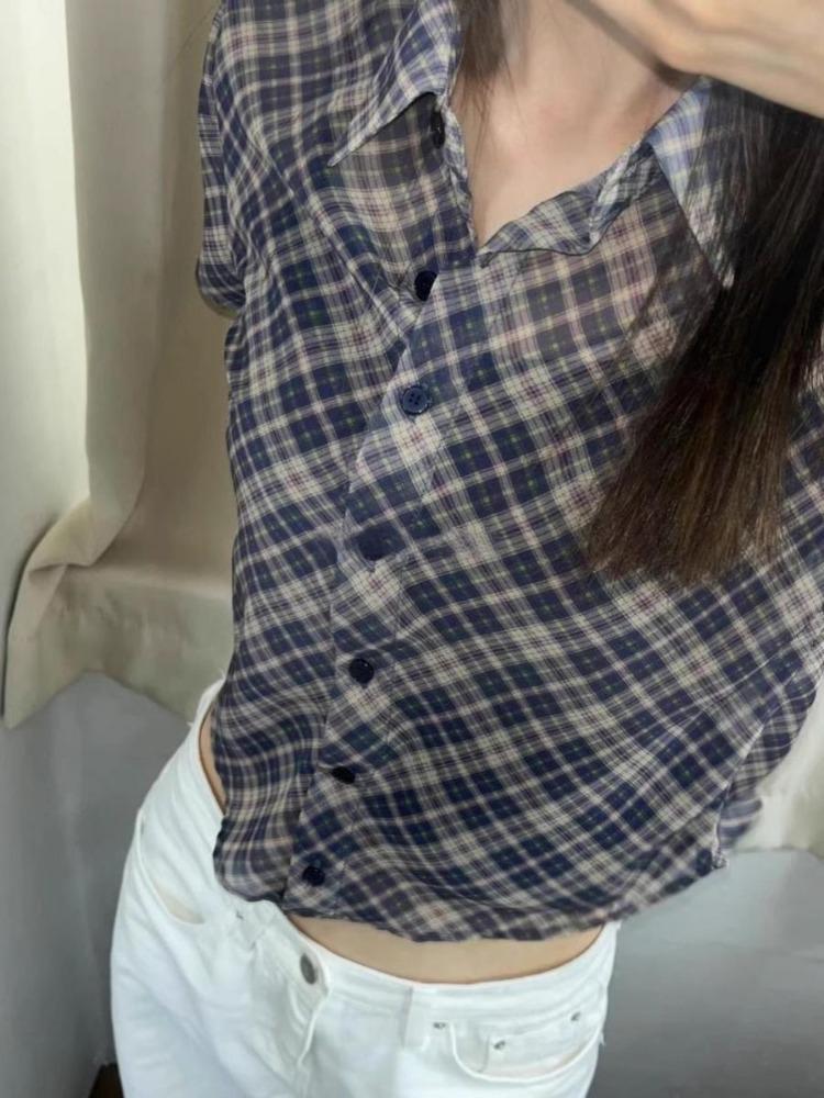 Cămăși în carouri vintage americane, femei de stradă, vară, modă nouă, bluze slim fit, gotic Y2k, e-girl, cu rever, cu gât, topuri scurte pentru femei