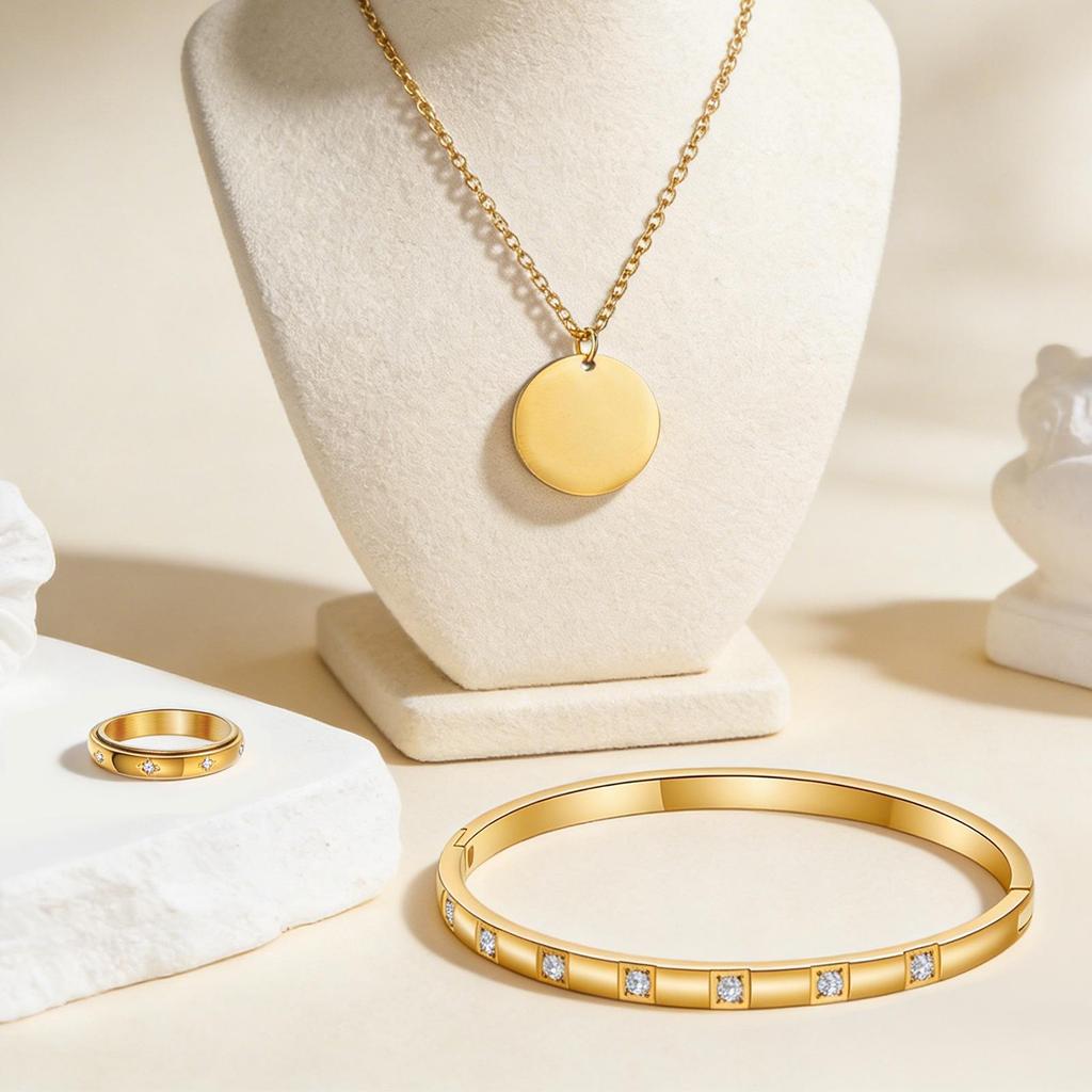 European Women's Diamond-Inlaid Stainless Steel Jewelry Set: Ring, Bracelet, Necklace