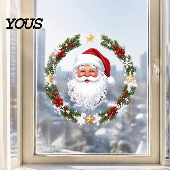 Wasserdichte PVC-Ornamente Weihnachts-Fenstersticker, Niedlicher Weihnachtsmann-Kranz-Aufkleber, Cartoon-Szenen-Layout Feiertags-Statik-Glasdekor für das Büro