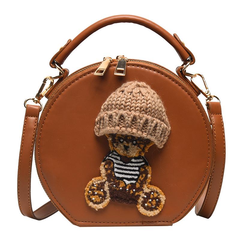 Cartoon small bag 2025 European and American fashion splicing bear cute handbag ins shoulder Internet celebrity small round bag women