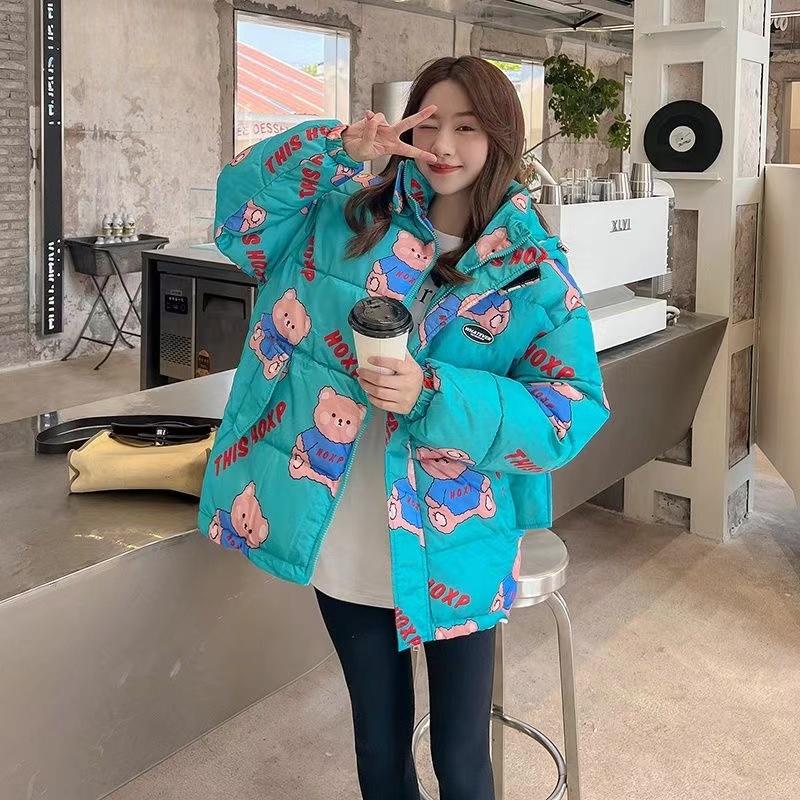 Vinterjacka dam dun bomull dam koreansk lös tjock huva parka