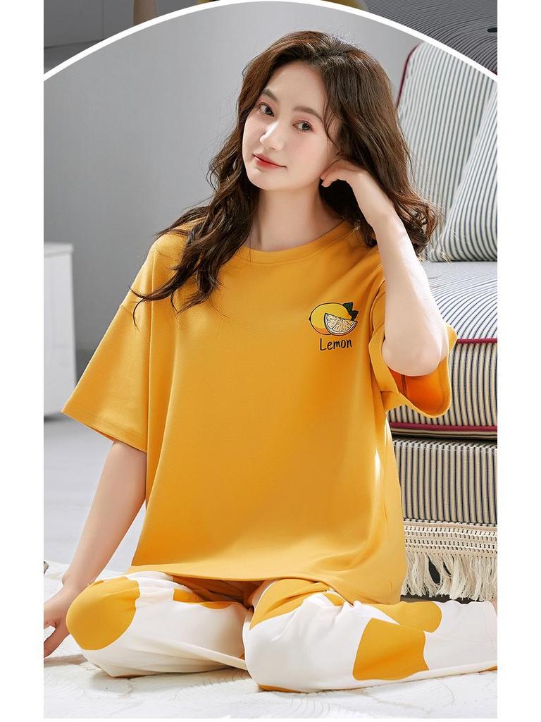 Women's Summer Pajama Set - Stretchy Short Sleeve Top & Long Pants with Built-in Bra Pads, Cotton-Like, Thin, Pullover, Outdoor-Friendly Loungewear