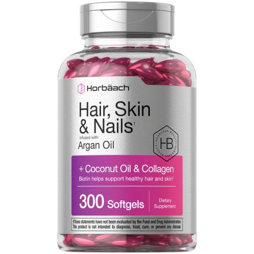 Hair Skin and Nails Vitamins | 300 Softgels | with Biotin and Collagen | Infused with Argan Oil and Coconut Oil | Non-GMO, Gluten Free Supplement | by