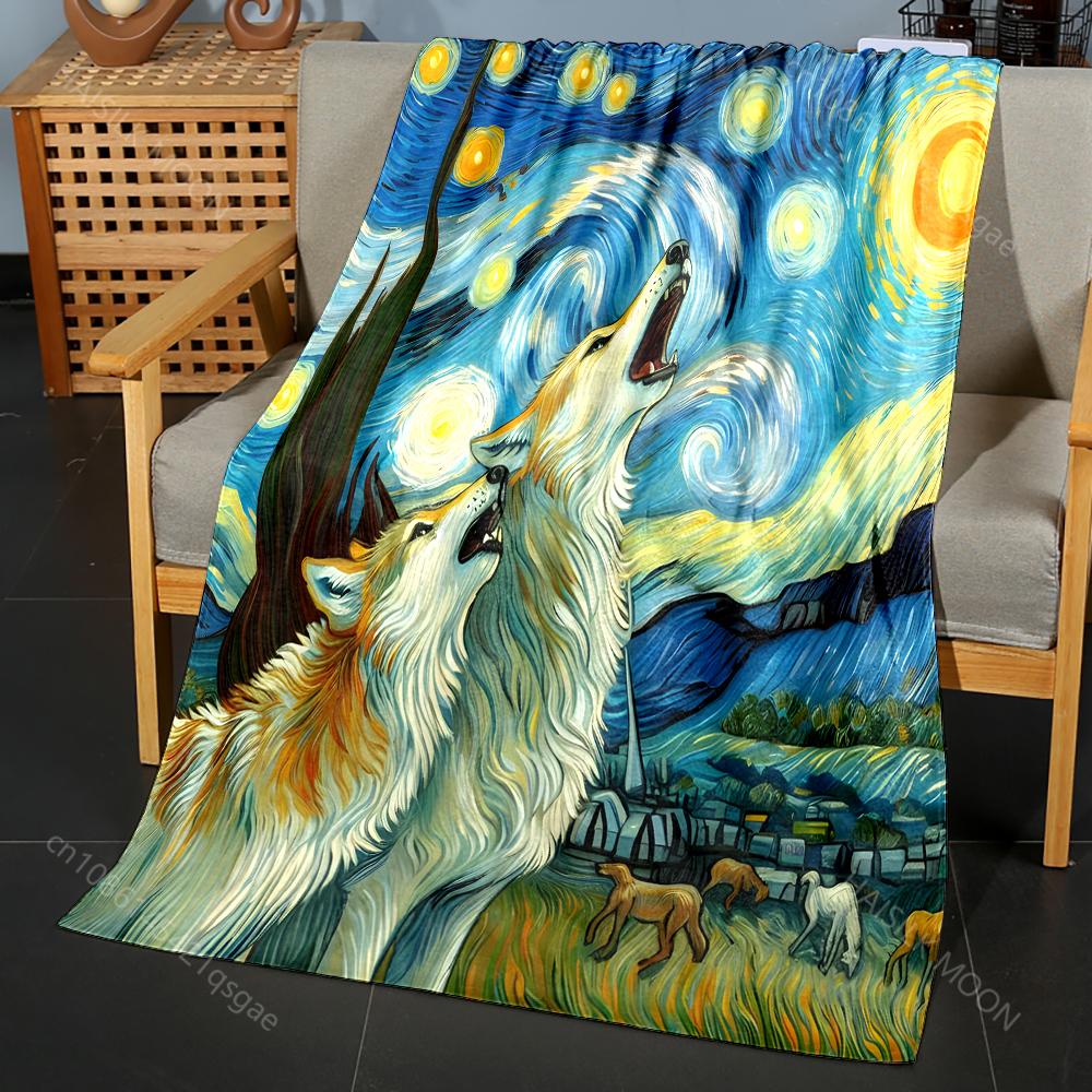 Multi size Van Gogh Howling Wolves Pattern Blanket Flannel Material Soft Warm for All Seasons Home Outdoor Camping Picnics RV