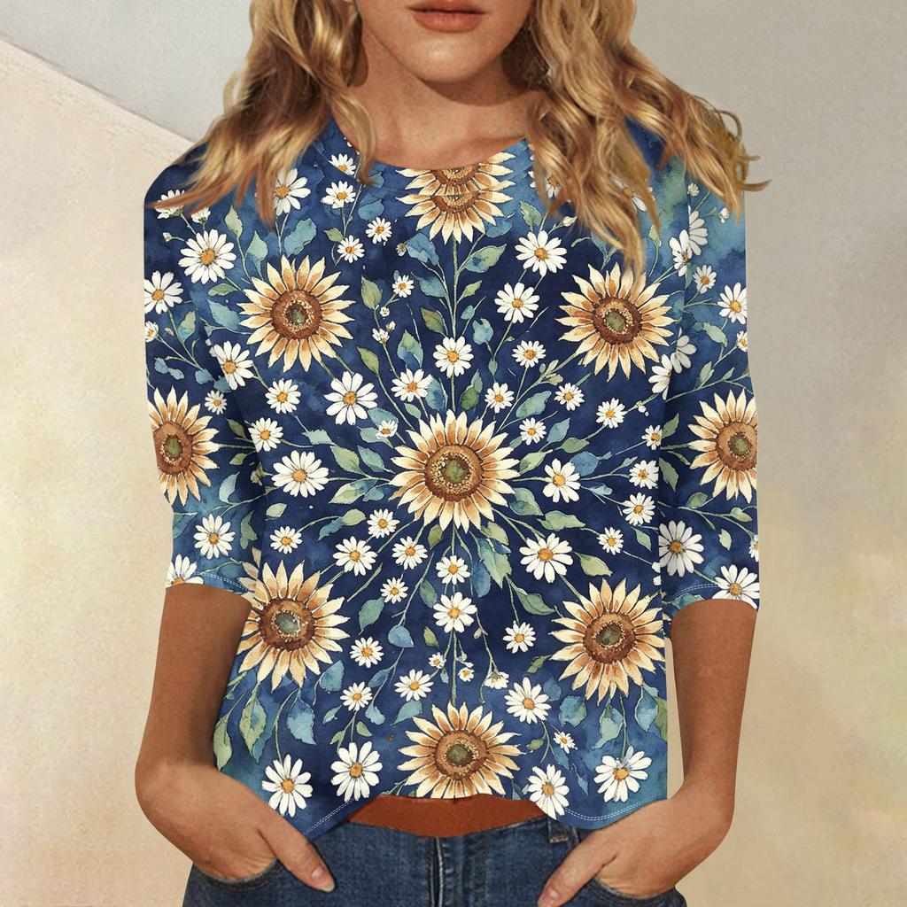 Women Casual Floral Print Three Quarter Sleeve Round Neck Shirt Lightweight Comfortable Top for Everyday Wear