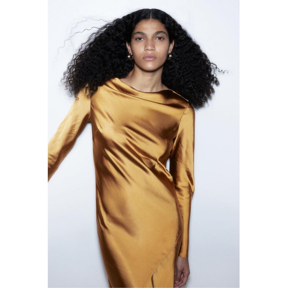 

H M Tie Detail Satin Dress Mustard Yellow