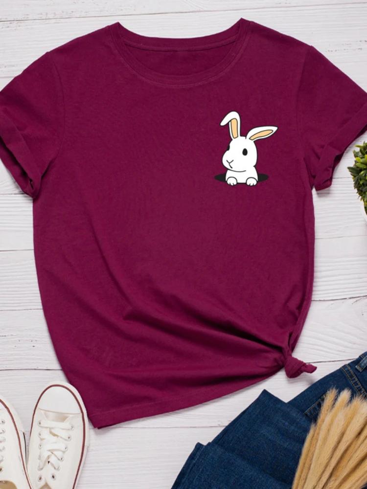 Pocket Bunny Print Women T Shirt Short Sleeve O Neck Loose Women Tshirt Ladies Tee Shirt Tops Clothes Camisetas Mujer