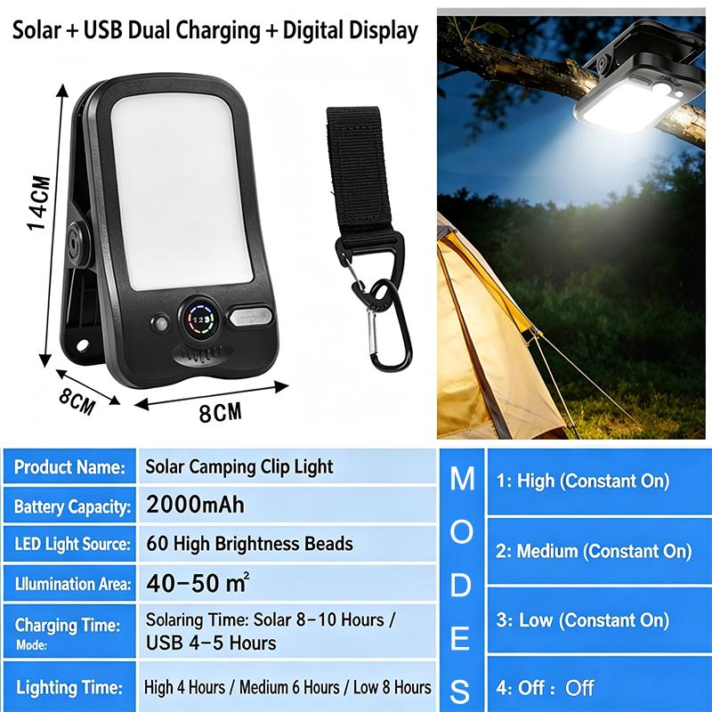 Solar USB Rechargeable Clip-On Camping Light, Waterproof LED Tent Lamp 3 Brightness Modes Portable Outdoor Lantern for Hiking Fishing Emergency