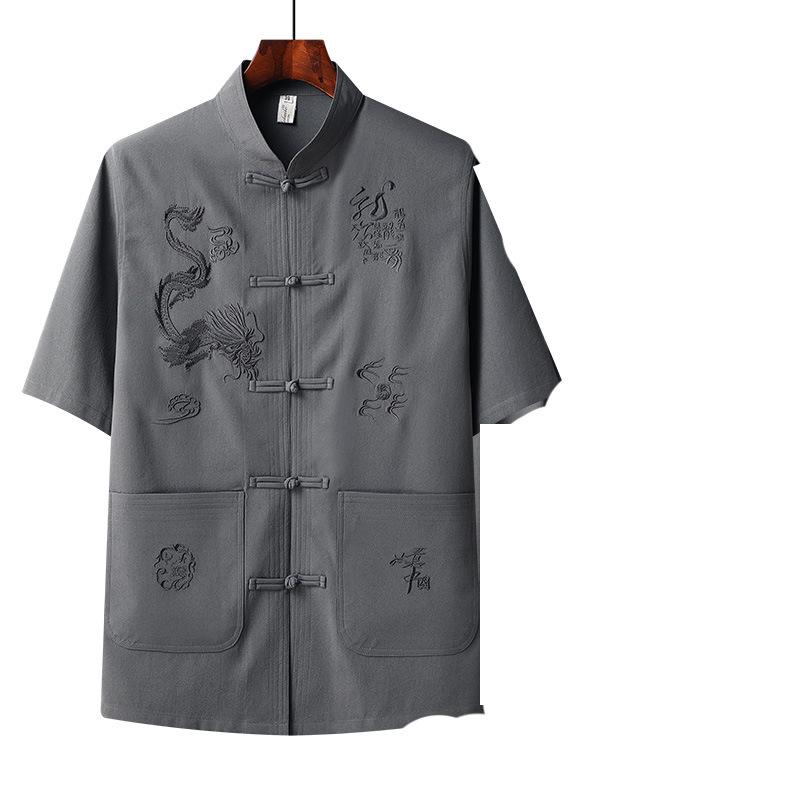 Men's Embroidered Short Sleeve Tang Suit - Loose Fit Dragon Set for Fathers and Seniors