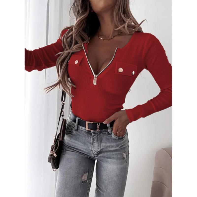 

Женская уличная мода осень и зима трикотажная облегающая футболка с длинным рукавом на молнии M бордовый