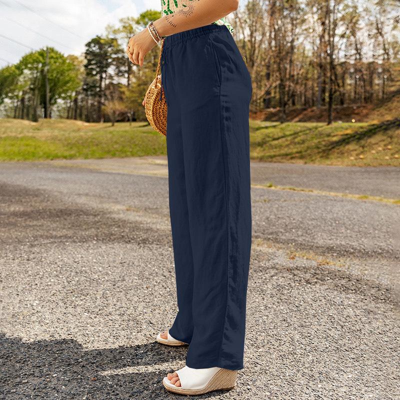 Women's Trousers Solid Color Casual Pocket Loose Elastic Waist Strap Cotton Linen Straight Trousers