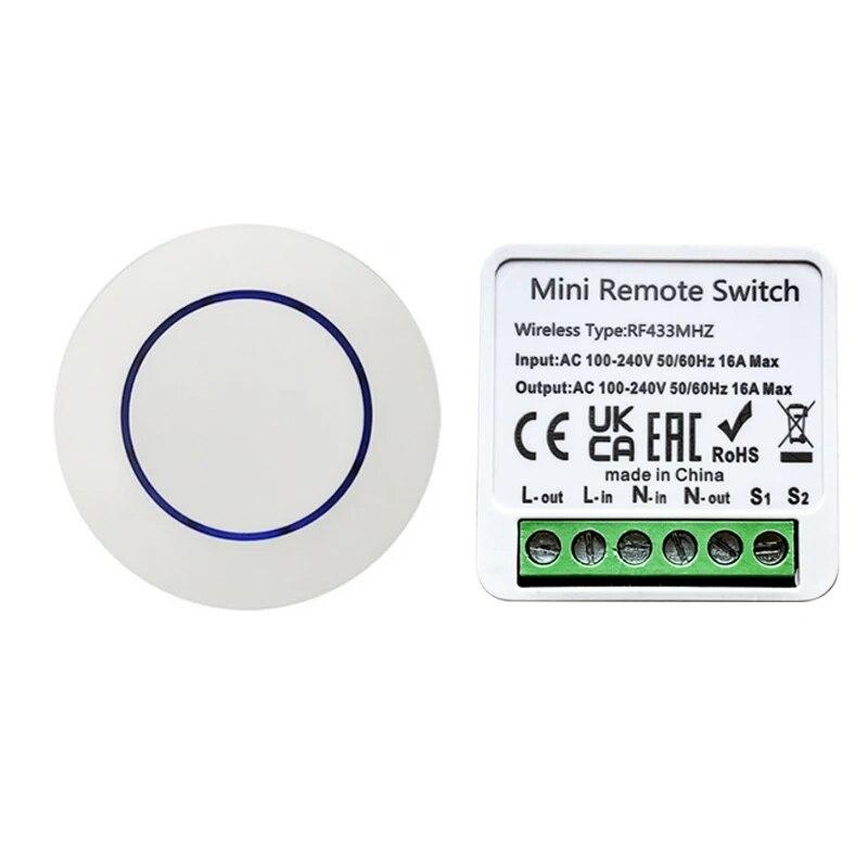 Wireless 433MHz Remote Control Switch Mini Round Button Panel Switch 16A Relay Receiver Module 100-240V LED Lamp DIY Home Auto