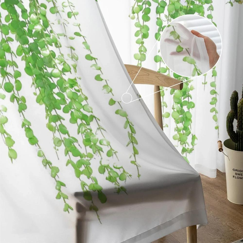 Plant Green Rattan Leaves White Chiffon Sheer Curtains for Living Room Bedroom Decoration Window Voiles Tulle Drapes Curtain