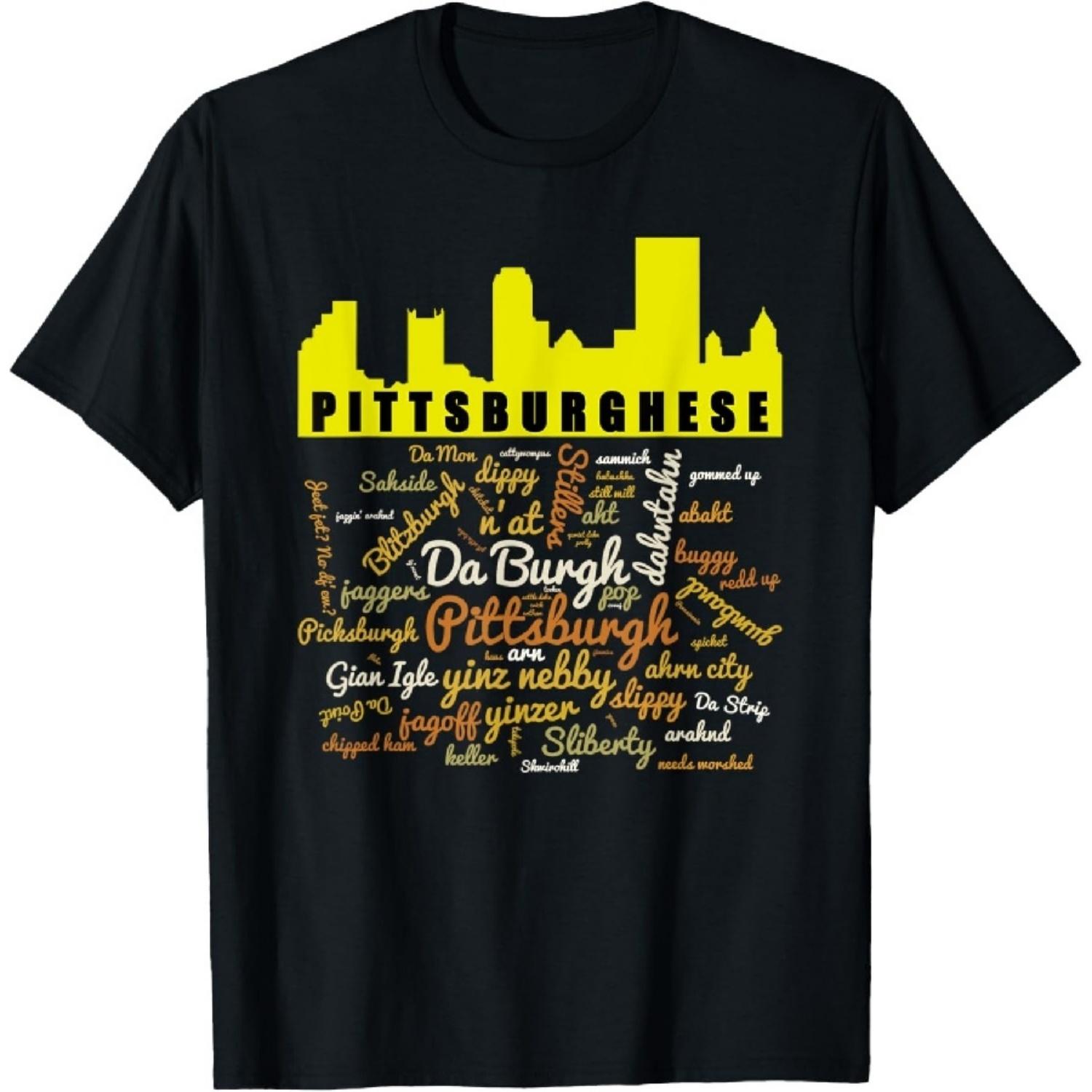 

Pittsburghese Word Cloud and Pittsburgh Silhouette T-Shirt XXXXXL чорний