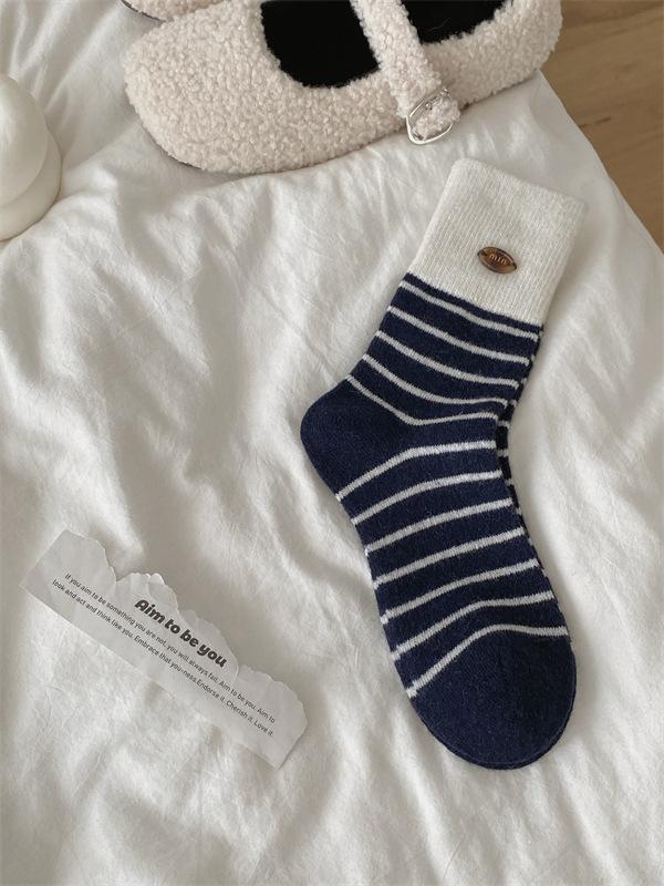Egg Button Wool Socks Children'S Season Socks Striped Thickened Warm Stacking Socks Winter Confinement Socks