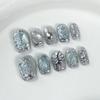 10Pcs Cat Eye False Nails Short Square Handmade Fake Nails Irregular Metal Press on Nails Silver Glitter Design Sweet Cool Girls