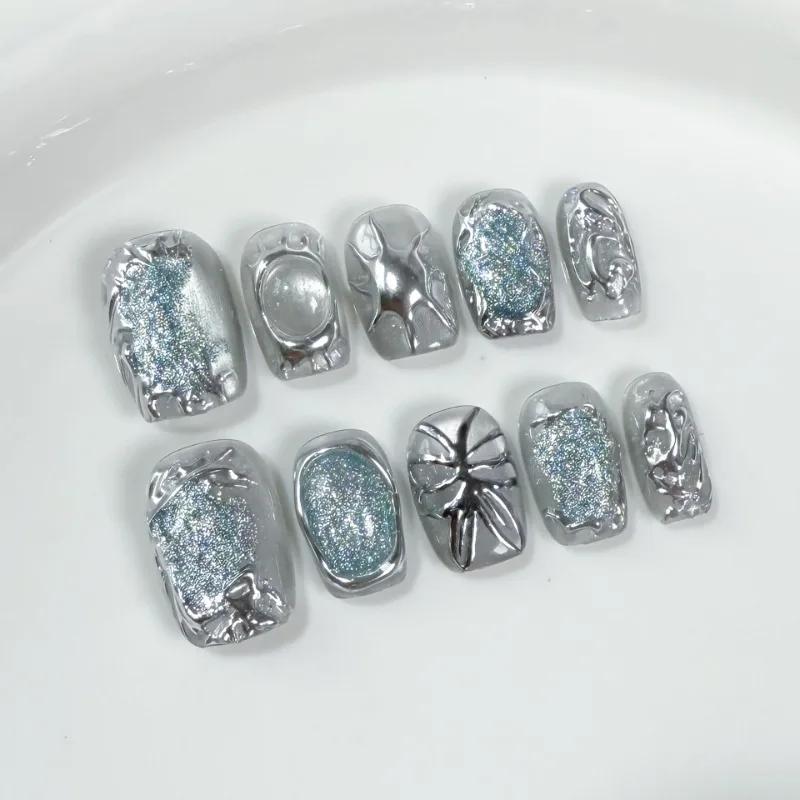 10Pcs Cat Eye False Nails Short Square Handmade Fake Nails Irregular Metal Press on Nails Silver Glitter Design Sweet Cool Girls