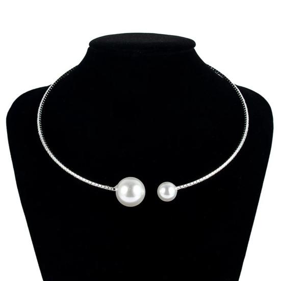 2Pcs/Set Women Elegant Faux Set Pearls Shiny Rhinestones Jewelry Adjustable Open Collar Necklace Bangle Set