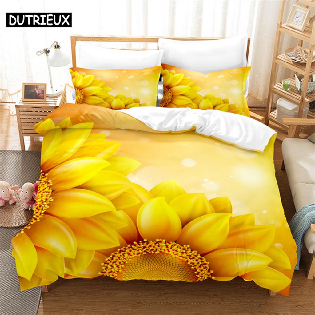 Floral Quilt Cover Queen Size Sunflower Duvet Cover 3D Bedding Set 3Pcs 2Pcs With Pillowcase King Full Twin Single Double Beds